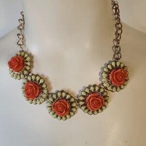 Orange Rose Necklace with Green Petals
